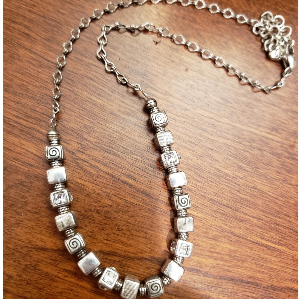 Brighton Silver Tone‎ Cube Bead Necklace with Rhinestones Fashion Jewelry